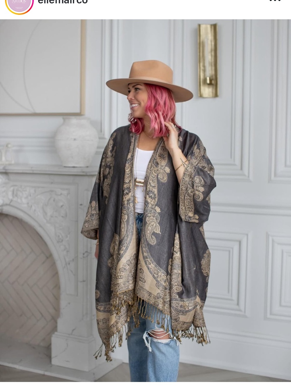 Ellemairco Boho Fringe Paisley Kimono Wrap - Charcoal & Gold